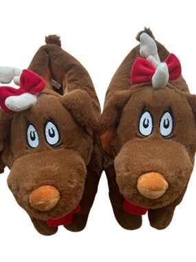 AE American Eagle Grinch Max Dog Plush Christmas Slippers 3D Reindeer Horn M/L